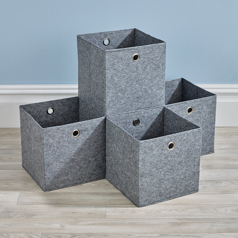 Pack of 4 Fabric Storage Cube Organiser Box, Grey