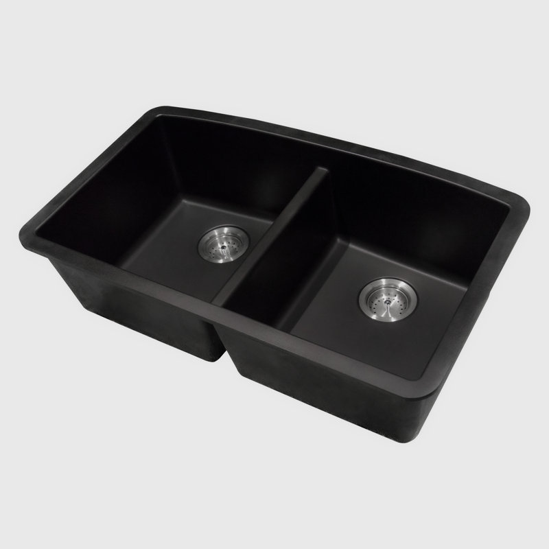 32 in. x 19 in. Quartz Undermount 50/50 Double Bowl Kitchen Sink, Black