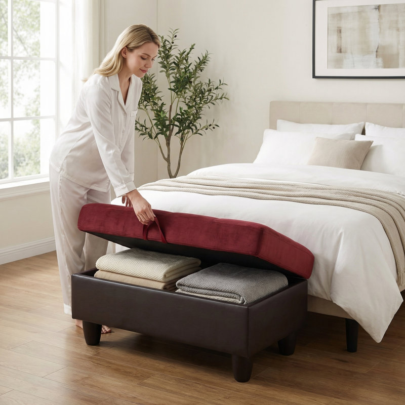 Repose-pieds en velours avec repose-pieds capitonné, table basse décorative rectangulaire avec rangement caché pour le salon, chambre à coucher - conception classique à deux tons, pieds en bois robustes