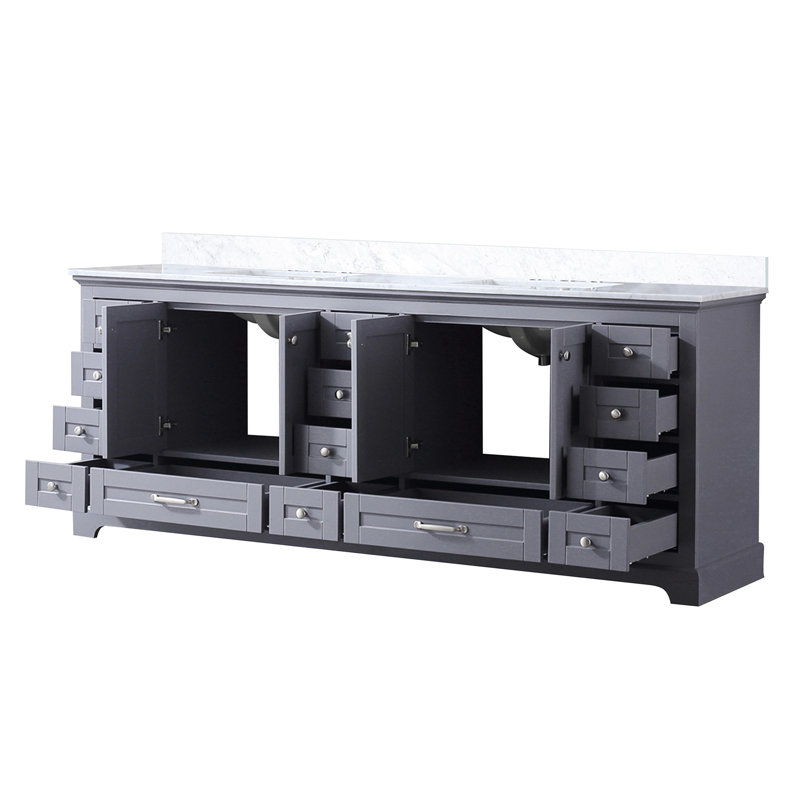Meuble-lavabo double 84 po X 22 - Plateau en marbre, construction en bois massif, fermeture en douceur, égratignure et teinture, capacité de rangement abondante fournie avec le bois du plateau, présentation suffisante