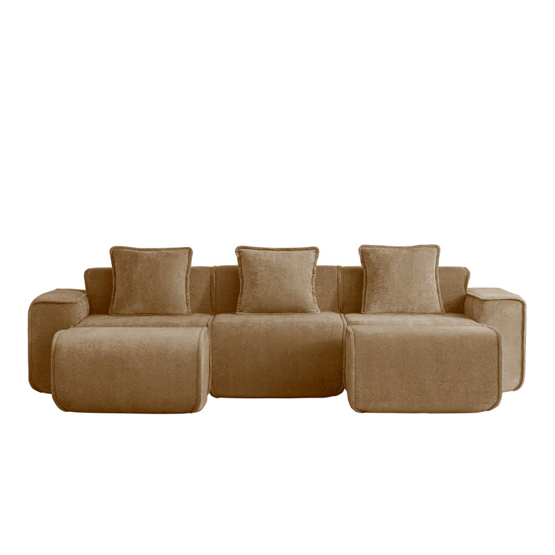 Streamlined Design Modular 3 Seat U Shape Sectional Boneless Sofa With French Edge Piping, Brown