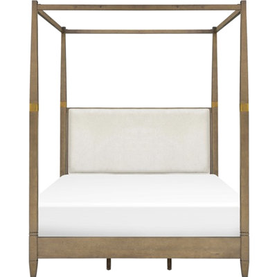 Queen Size Canopy Bed - Solid Wood Construction Brown Upholstered Headboard And Veneer Side Rail Foot Board Frame In Plywood