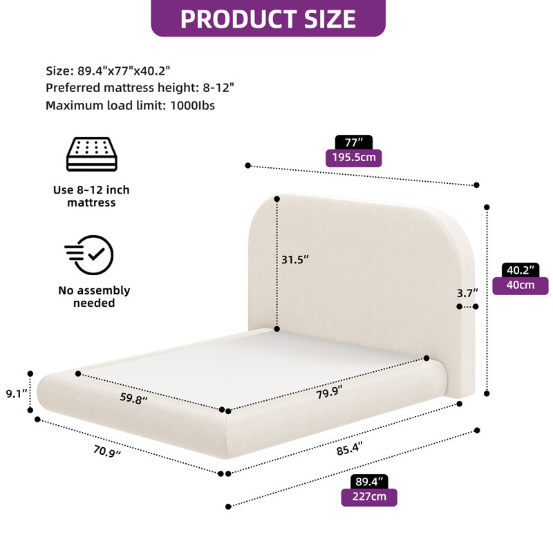  Velvet Upholstered Platform Bed Frame With Headboard,Box Spring Required