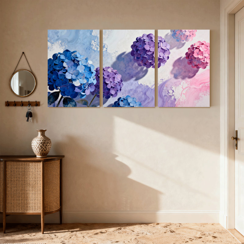 Plantes et fleurs, bleu, mauve, rose, hortensia, ensemble de 3 impressions sur toile
