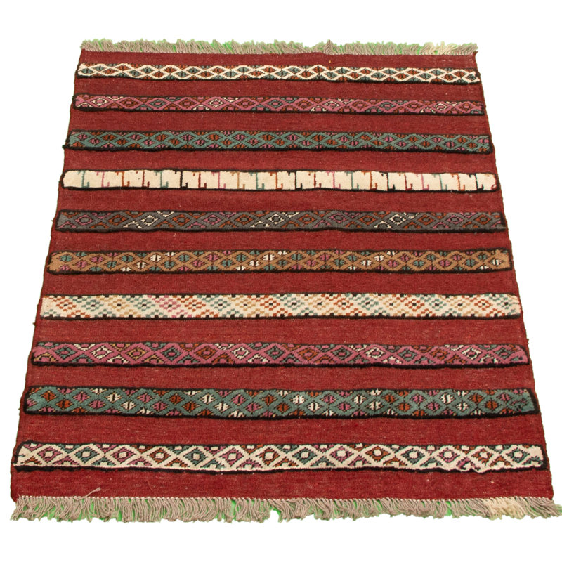 Tapis rouge foncé / bleu en laine noué à la main