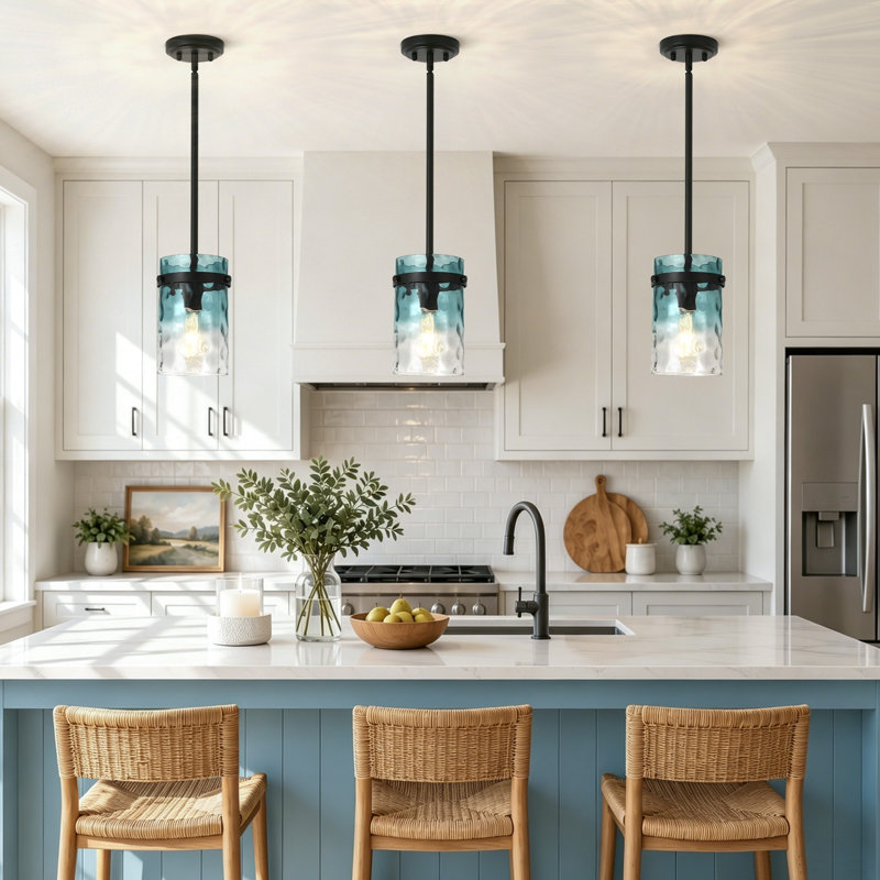 Levona 1-Light Kitchen Island Pendant, Hand-Blown Gradient Blue Water Glass, Height Adjustable, Gradient Blue, Matte Black