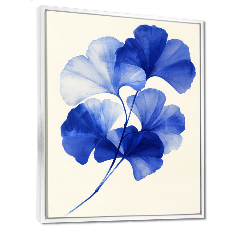 Feuilles de cobalt en éventail - Décoration murale encadrée Ginkgo, H 20 po x l 12 po, White Floater Framed