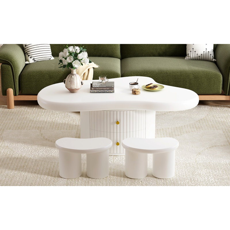 Ensemble de 3 tables basses Cloud, de forme irrégulière avec 2 tiroirs et 2 petits tabourets de salon