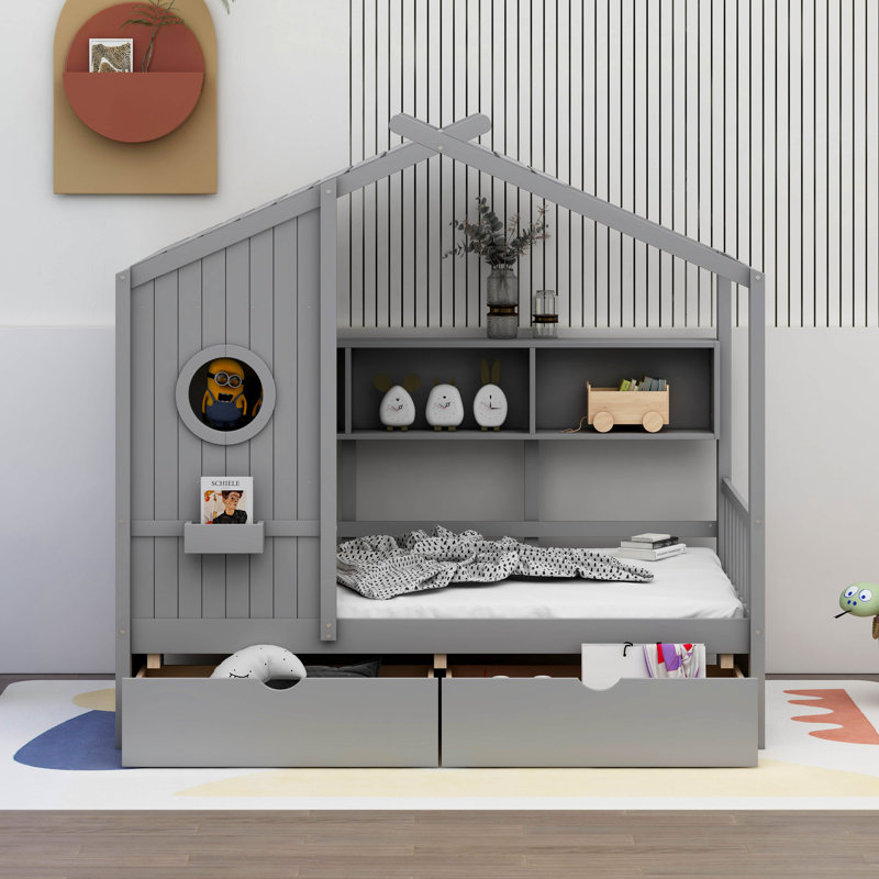 Vidoje Kids Bed with Storage Shelf, Twin, Gray