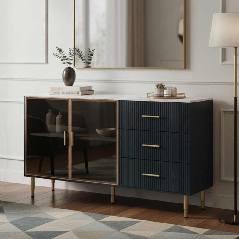 Buffet Modern 60,01 "avec plateau autocollant en marbre et portes en verre trempé jaune ambré pour le salon, le vestibule