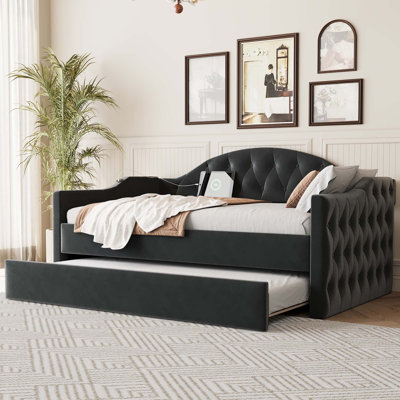 Twin Size Tufted Upholstered Daybed With Trundle,USB&Type-C Charging Ports