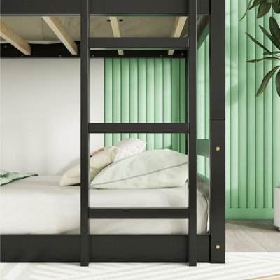 Triple Rubber Wood Bunk Bed With Two Built-In Ladders, Guardrails, And Detachable Design For Space-Efficient Bedrooms