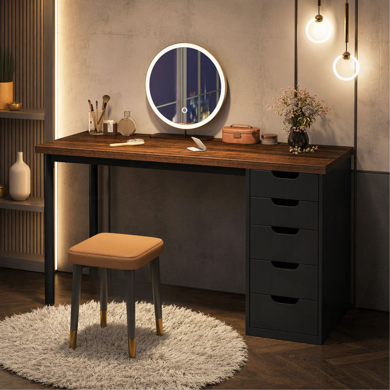 Bureau d'ordinateur 47 po avec 5 tiroirs et armoire réversible, bureau rustique et personnel avec rangement, table d'écriture moderne pour petits espaces