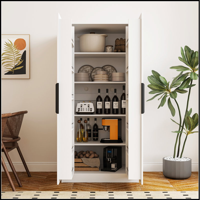 62.99In White Freestanding Kitchen Pantry Cabinet With Doors & Shelves, Multi-Functional Storage For Kitchen And Dining Room