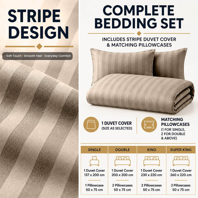 Bedroom Microfiber Striped Duvet Cover Set with Pillowcases Included, Beige Striped
