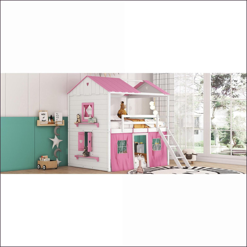 Full Size Pinewood Bunk Bed with Playhouse Design, Pink &amp; White – No Box Spring Needed