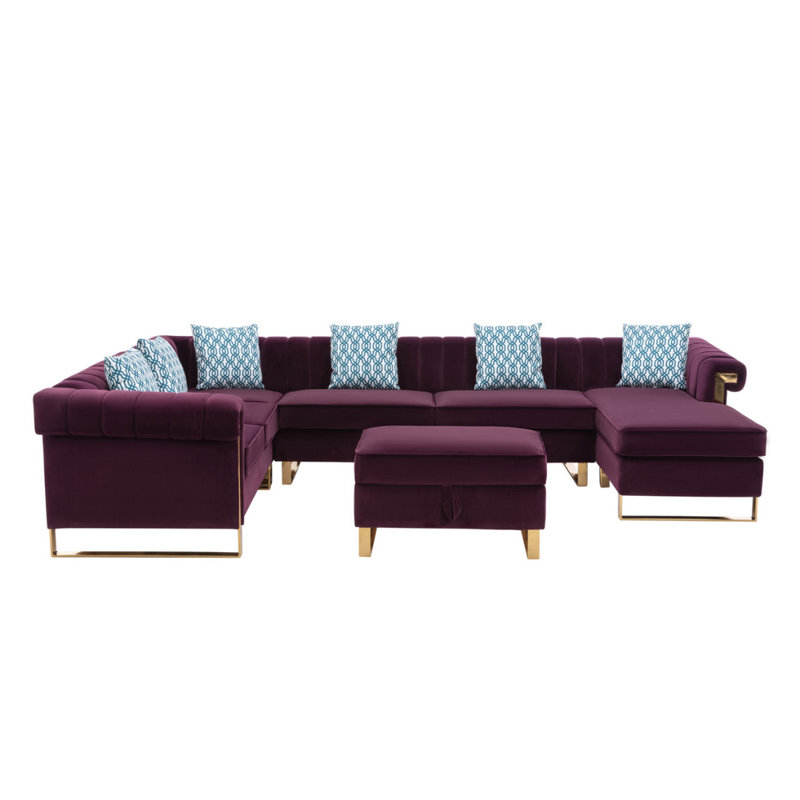 Canapé modulaire en velours 7 places avec méridienne réversible et repose-pieds avec rangement 130,5 po Modern, Mauve