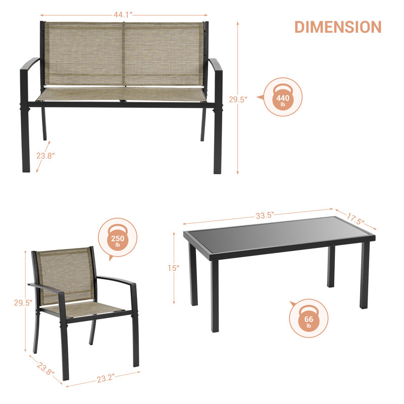 4 Pcs All-Weather Patio Furniture, Modern PVC-Coated Polyester Bistro Sets Poolside Lawn Balcony Chairs With Loveseat And Glass Coffee Table