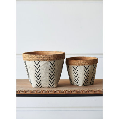 Pair Of White And Brown Cement Planters Featuring A Bold Black V Pattern, L:10X8", S:8X6.5" - Great For Scandinavian Modern Floral Setups 2 Made With Design, Elevate Your Displays In Spaces