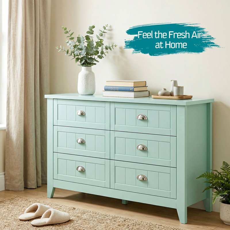 47.2" Misty Mint 6-Drawer Dresser – Wide Chest With Silver Cup Pulls, Calm Nordic Look, Engineered Wood, Misty Mint