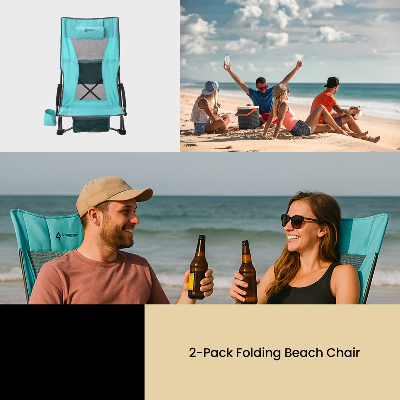 2-pack Folding Beach Chair with Headrest, Blue