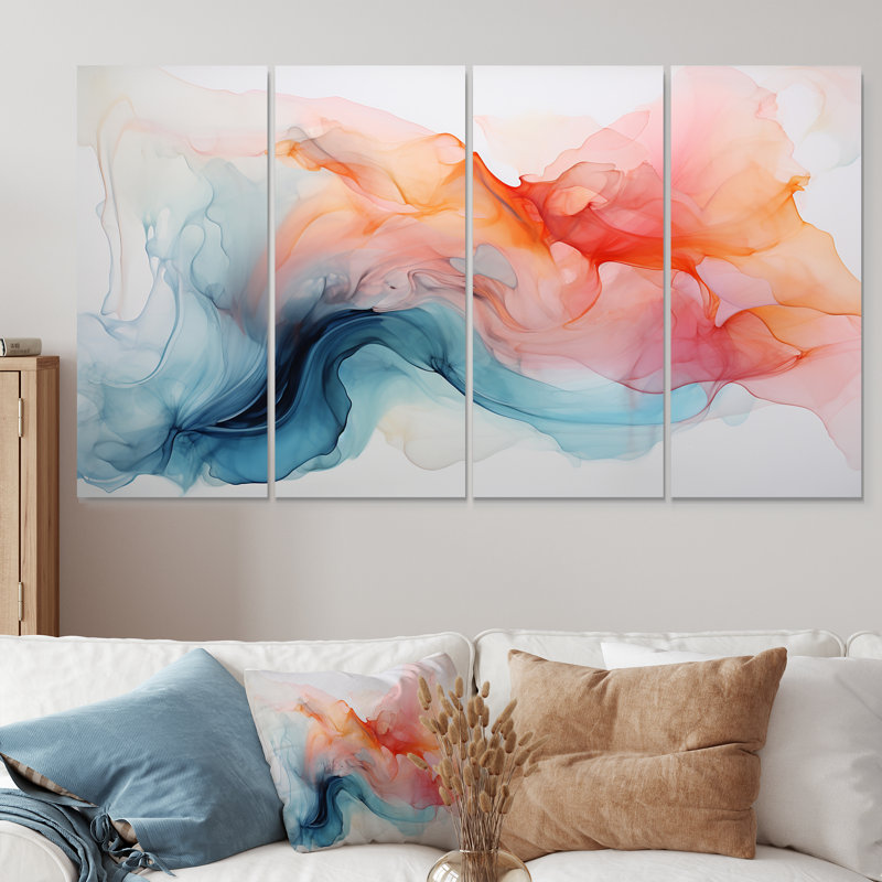 «The Ocean Way To Peace», art mural abstrait à l'encre liquide, toile 4 pièces, H 28 po x l 48 po