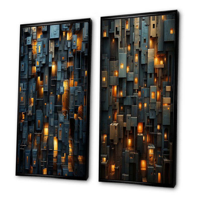 «Copper Canyons Skycrapers Cityscape», ensemble de 2 reproductions d'art mural abstrait, Cadre noir, H 40 po x l 41 po