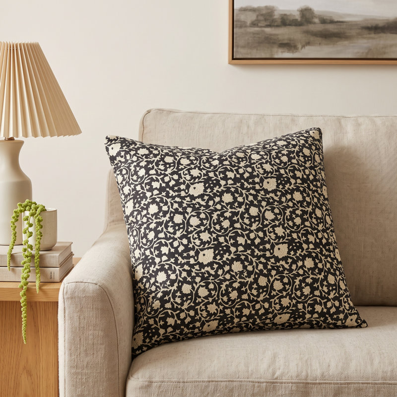 Emmett Floral Cotton Reversible Throw Pillow, Black/Gray/Ivory