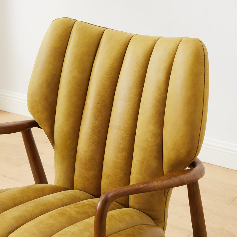 Mid-Century Modern Full-Grain Leather Solid Ash Chair, Yellow