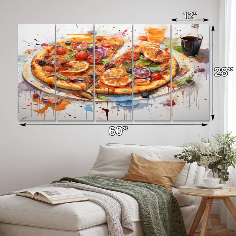 Pizza Popart Dinner - nourriture et boissons, art mural salon - 5 panneaux égaux