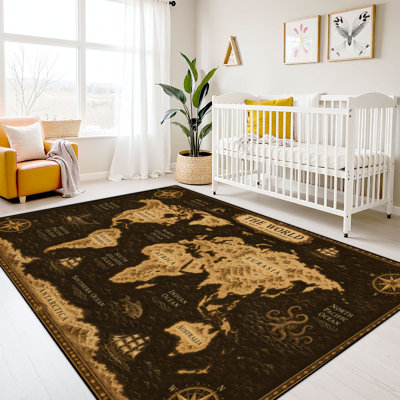 10x14 Kids Learning Rug Washable Area Rugs for Classroom, Antique World Map Oceans Nautical Illustrations Back to School Learning Carpet for Preschool Nursery Soft Rubber Backed Non-Slip