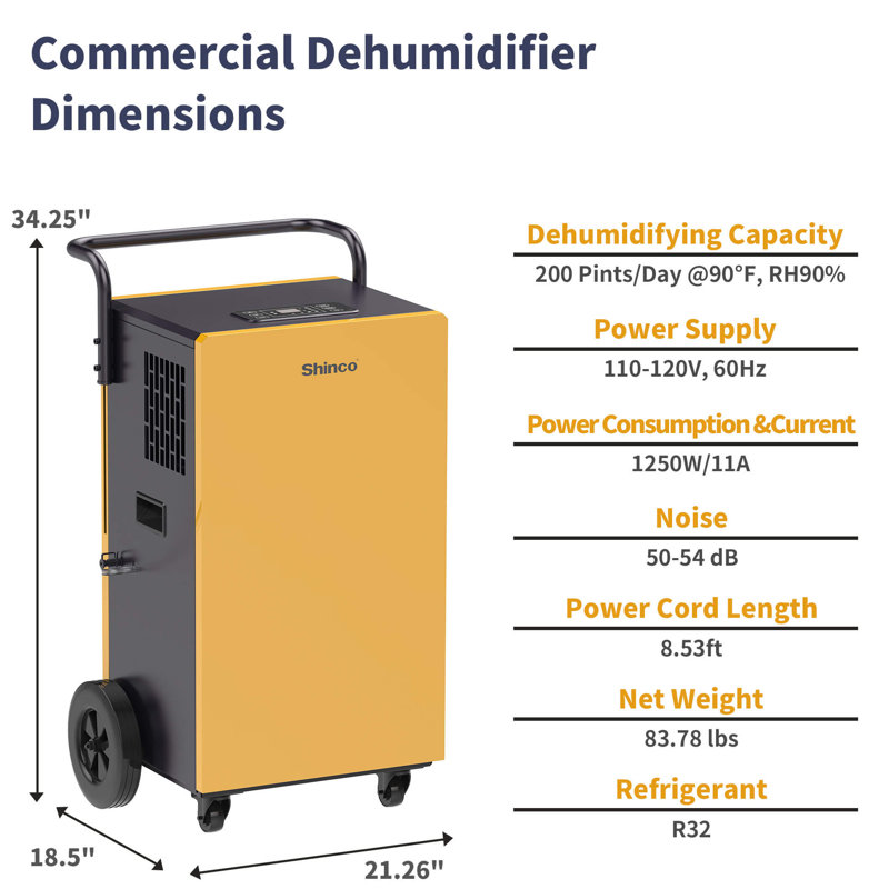Déshumidificateur console Shinco 200 pintes par jour pour les pièces jusqu'à 8000 pieds carrés Pi.