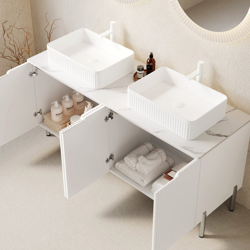 Meuble-lavabo de salle de bain autoportant avec 4 portes, Blanc