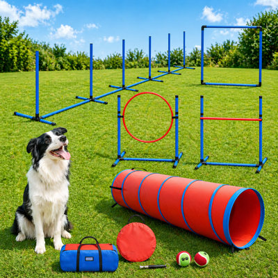 Complete Dog Agility Course Equipment Set with Adjustable Hurdle, Tunnel & Weave Poles