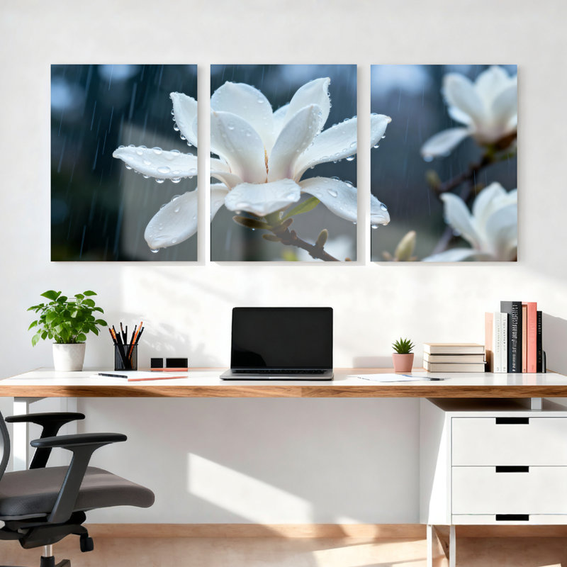 Ensemble de 3 tableaux sur toile tendue, motif « Gouttes de pluie et fleurs de magnolia blanc », pour la décoration du salon et de la chambre.