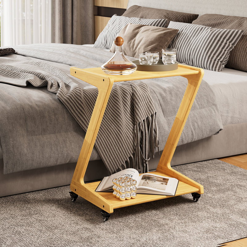 25.6"H 2 Tier Solid Wood End Table with Casters for Living Room & Bedroom, Gold;Yellow;Natural Wood