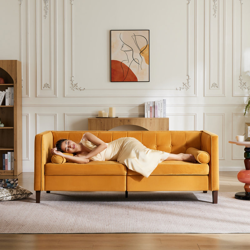 78''  Wide Velvet Tufted Square Arm Sofa, Ginger Velvet