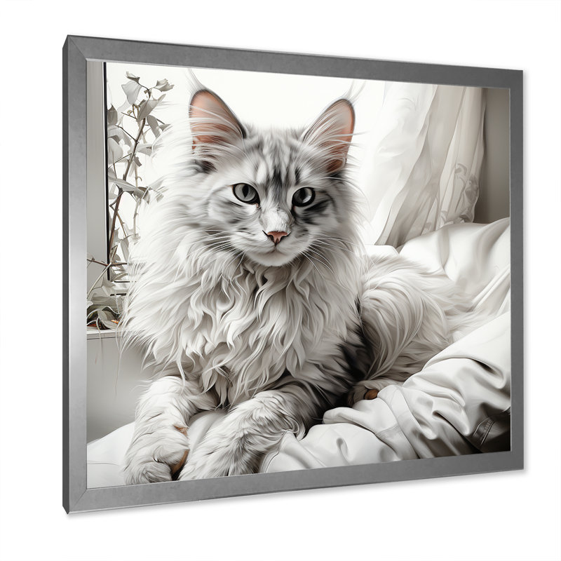 Portrait de chat câlin noir et blanc II - art mural chat, Cadre simple argenté, H 16 po x l 16 po x P 1 po