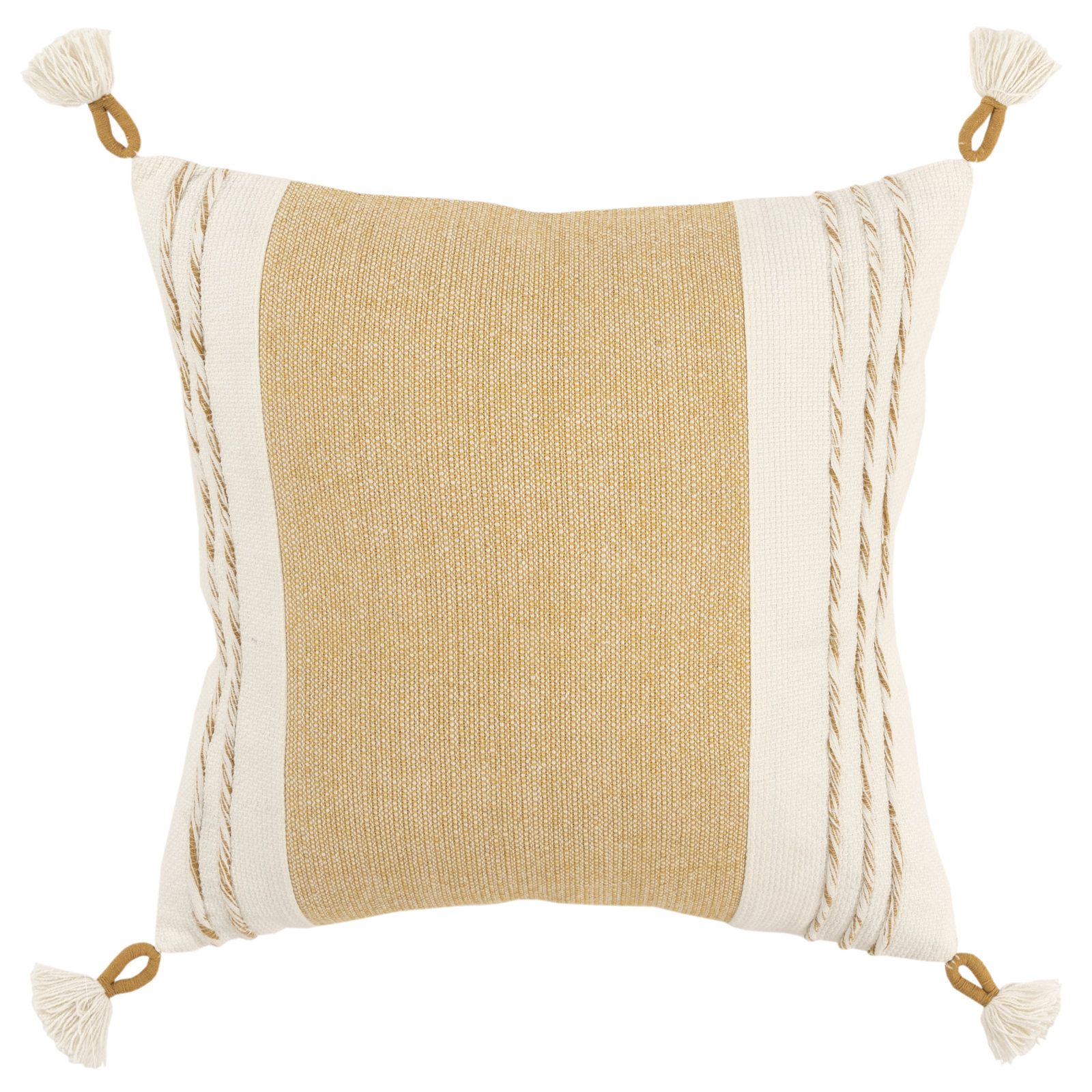 Tassels Cotton Throw Pillow, Yellow/White
