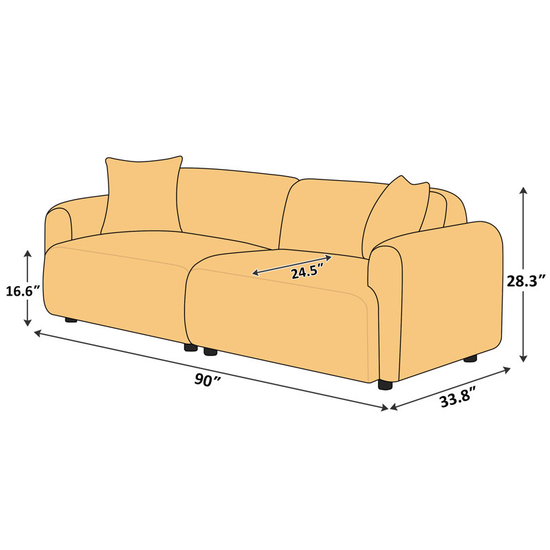 Canapé rembourré de 90 po en polyester à 3 places avec coussins décoratifs de 90 po de large disponible dans le salon