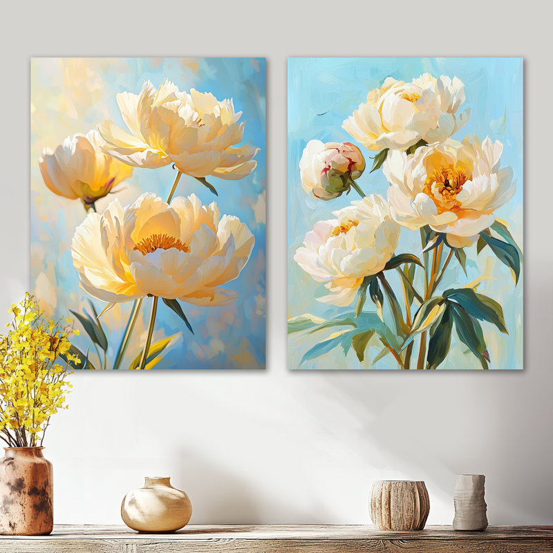 Ensemble de 2 impressions murales rétro vintage crème ensoleillées I - botanique en métal, 32" H x 48" W