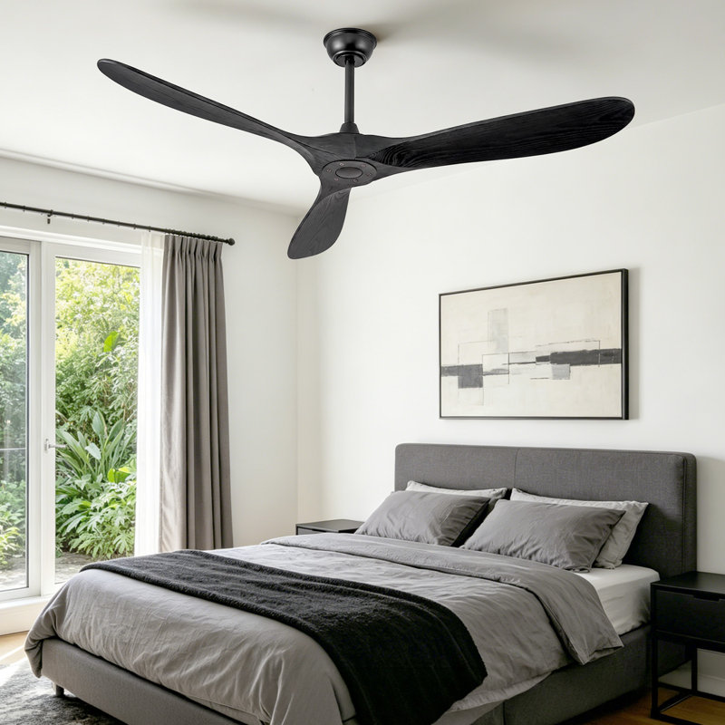 Ventilateur de plafond en noyer massif à 3 pales (sans lumière) - Télécommande, moteur à courant continu, intérieur / extérieur / patio (bord de mer / maison de campagne)