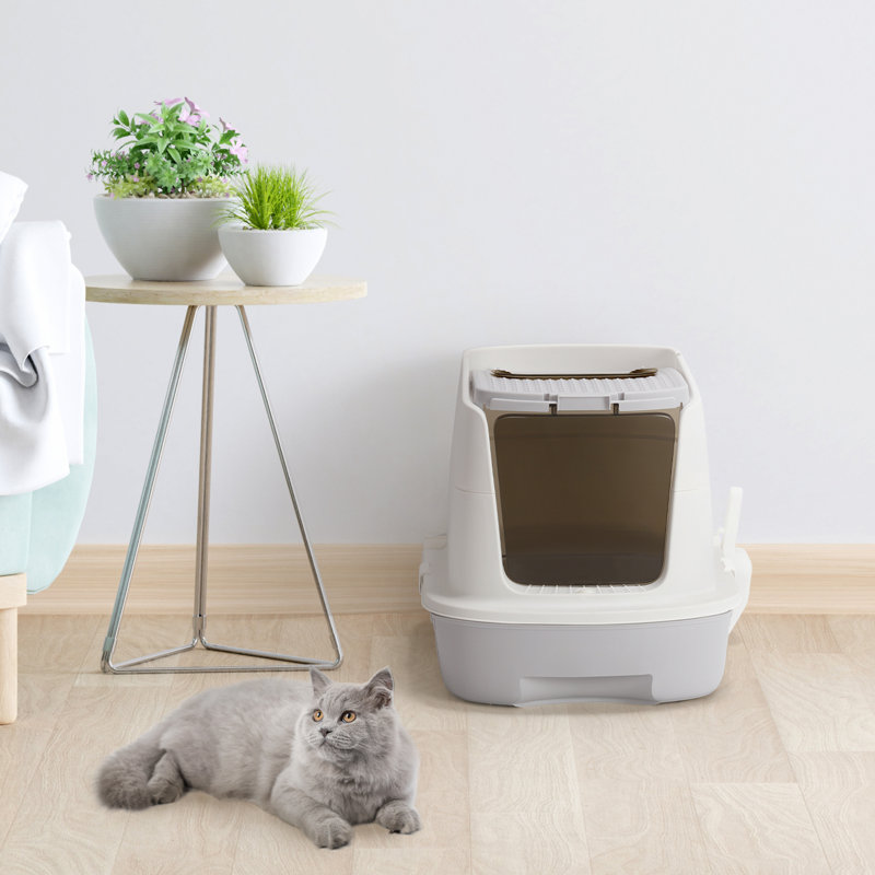 Grande litière anti-éclaboussures avec couvercle et toilette à chat avec couvercle pratique (gris clair)