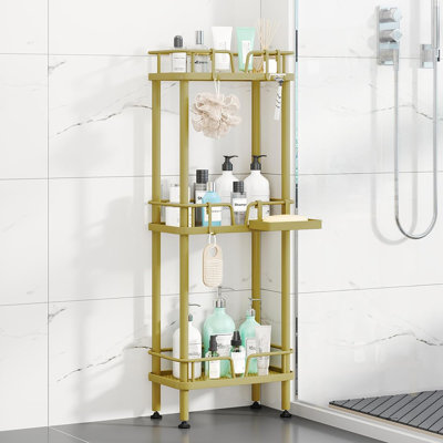 Serviteur de douche debout en coin - Or - Étagère de salle de bain en acier inoxydable antirouille à 3 niveaux avec porte-savon et 4 crochets