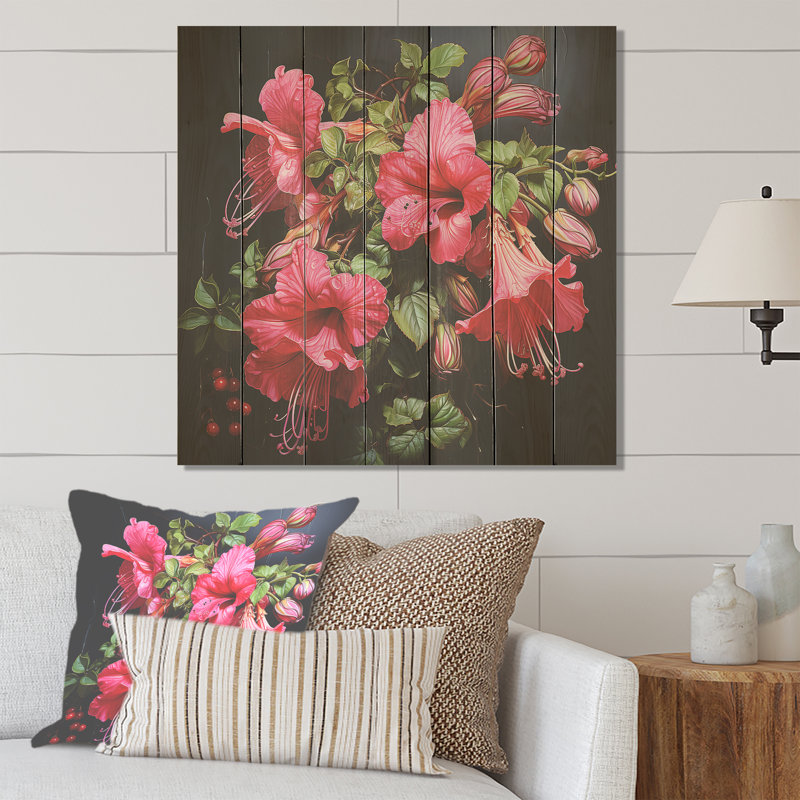 Fuchsia rétro sur fond rose - Fuschia sur bois, H 25 po x l 25 po