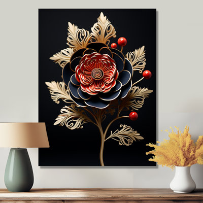 Red Glam Peony Golden Leaves - impression d'art mural pivoine