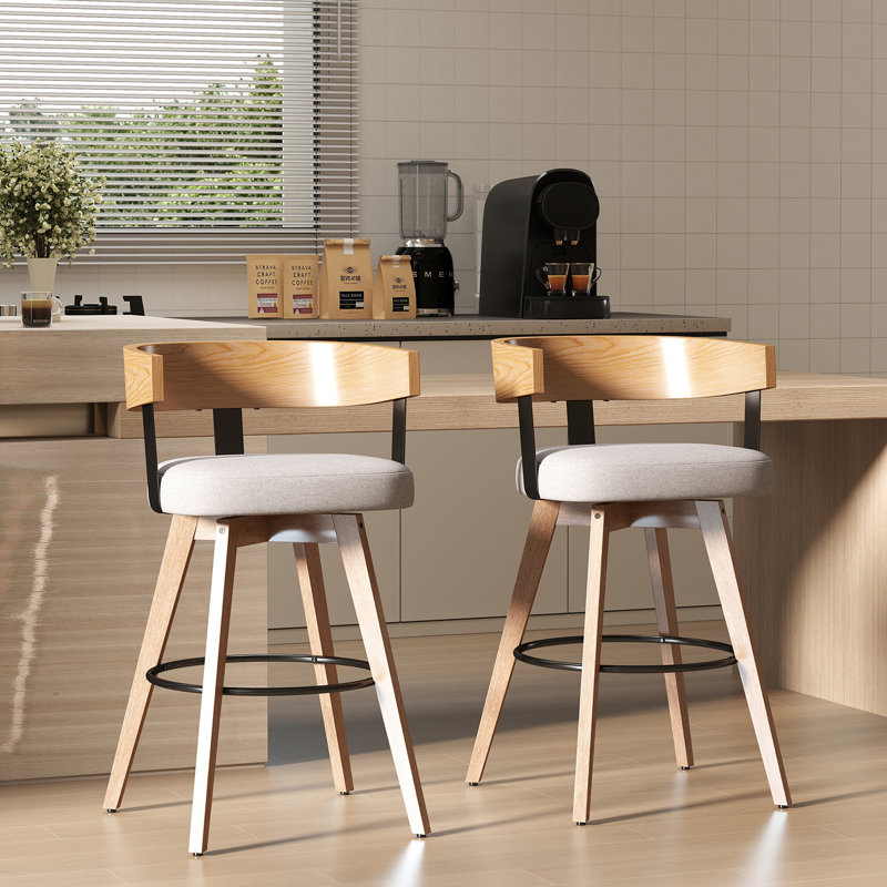 Saula 34.75'' H Swivel Bucket Bar Stool with Solid Wood Frame, Gray, 2