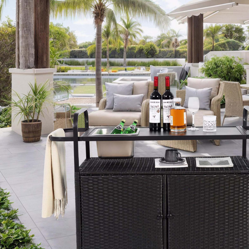 Outdoor Bar Table, Wicker Bar Cart with Cabinet, Patio Serving Cart with steel Top, with one ice bucket,Lockable Wheels, Side Basket for Garden, Poolside & Backyard, Black