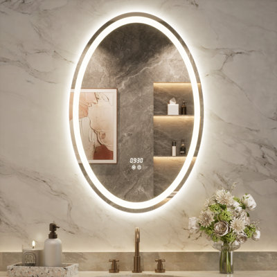 Miroir de salle de bain ovale à DEL avant et arrière avec désembueur, température 3 couleurs, gradation continue, horloge, verre trempé