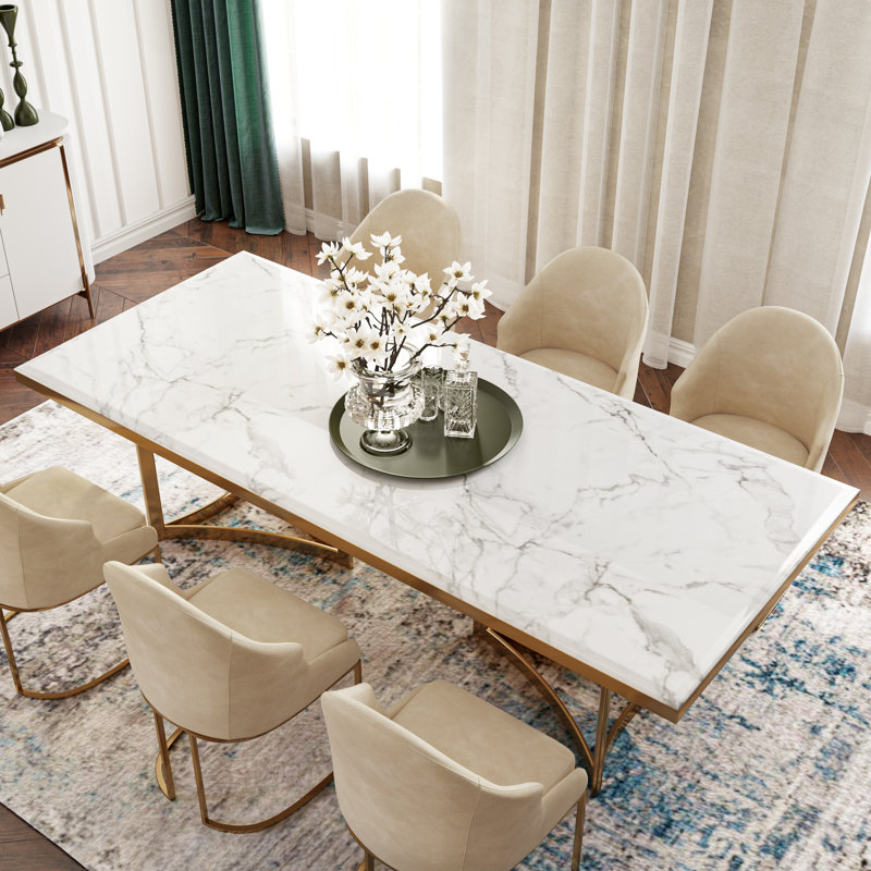 Modern White Faux Marble Dining Table with Double Pedestals Base Pre-Assembly, 29.53"H x 70.87"L x 35.43"W